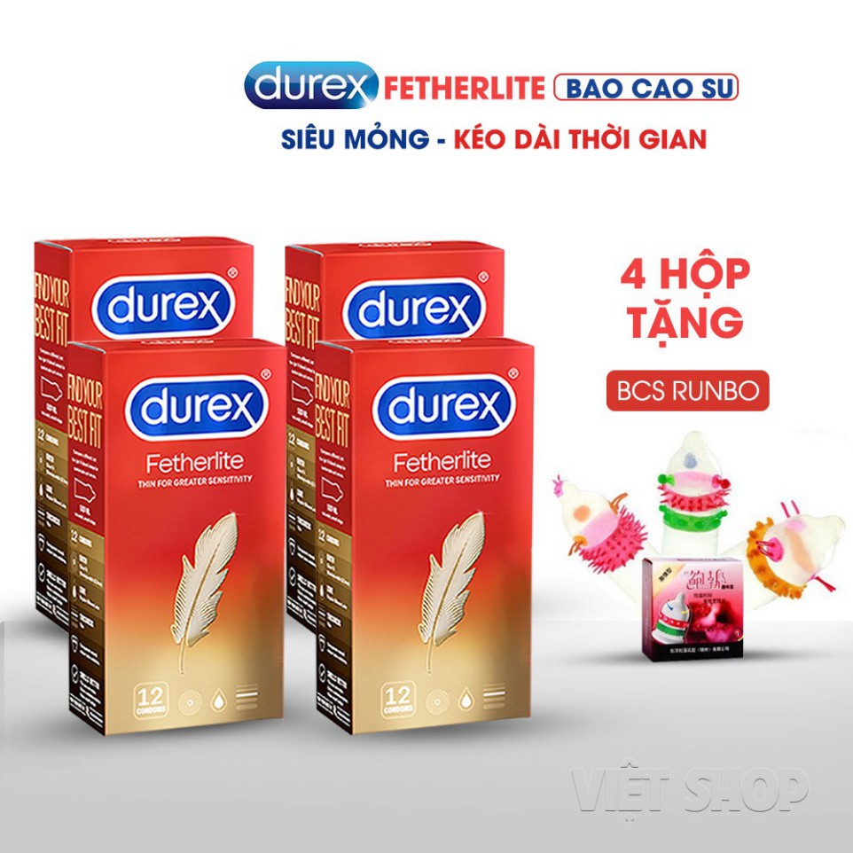 [Chính Hãng] Bộ 4 Hộp Bcs Durex Fetherlite (Hộp12c) Tặng Gel Durex - Bcs Siêu Mỏng Ôm Khít Khiến Cuộc Yêu Thăng Hoa