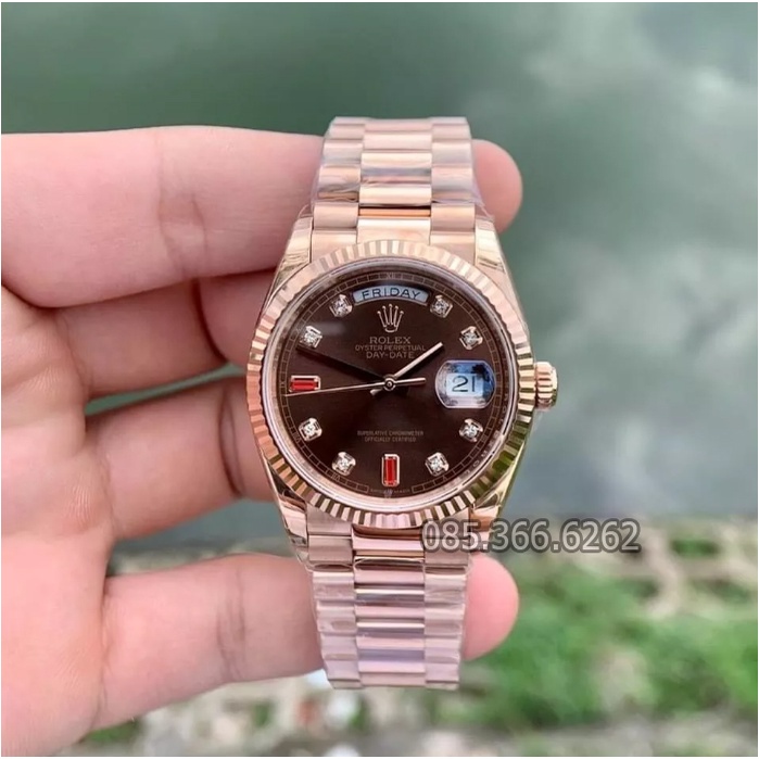 Đồng hồ nam Rolex cơ Automatic máy Nhật mẫu Classic 2 lịch màu nâu cafe, viền và dây vàng hồng size 39-40mm