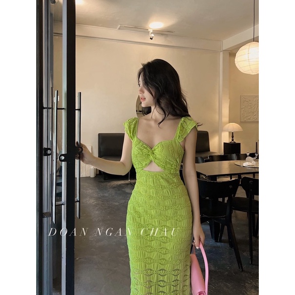 Đầm body nữ thun gân xếp ngực hở bụng cổ vuông gợi cảm