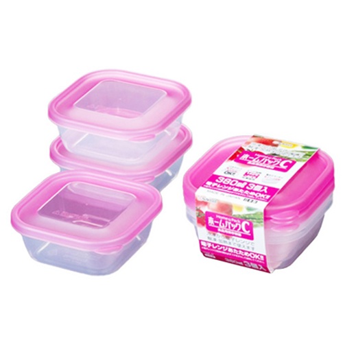 Set 3 Hộp đựng cơm văn phòng , hộp nhựa đựng thực phẩm thức ăn tủ lạnh, dùng lò vi sóng 380ml màu hồng Nhật Bản