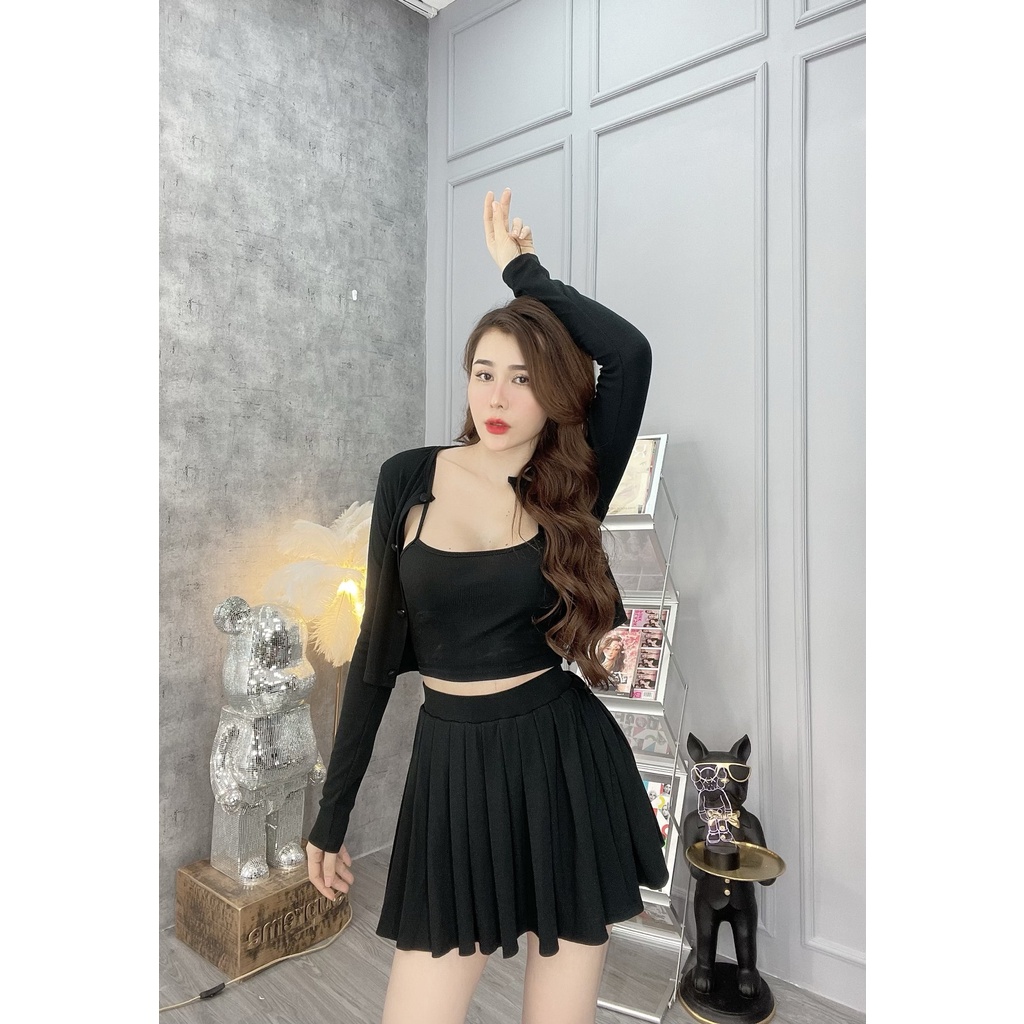 033 - SET THUN ĐEN 3 MÓN ÁO HAI DÂY KÈM KHOÁC VÀ CHÂN VÁY XÒE CÓ LÓT