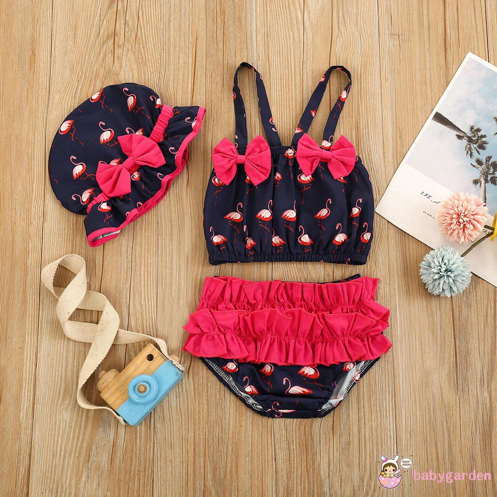 Bộ Đồ Bơi 3 Mảnh Hai Dây In Họa Tiết Chim Hồng Hạc Kèm Mũ Dành Cho Bé Gái