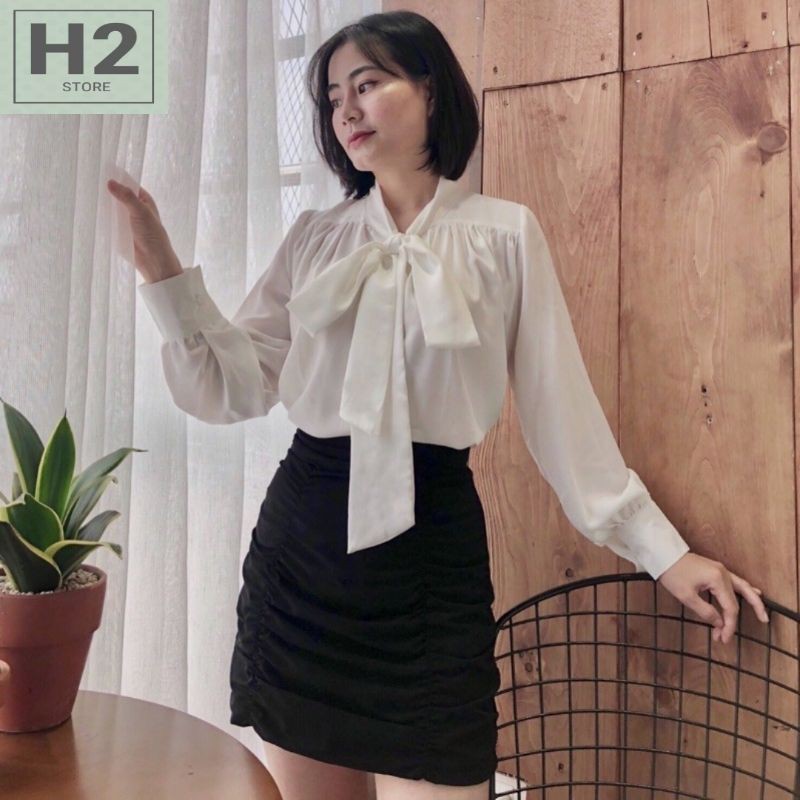 Áo Sơ Mi Trắng Dài Tay Nữ Cổ Nơ Tay Bồng Big Size H2 Store