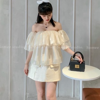Áo trễ vai 2 tầng vải tơ, áo kiểu bánh bèo cộc tay tiểu thư xinh xắn