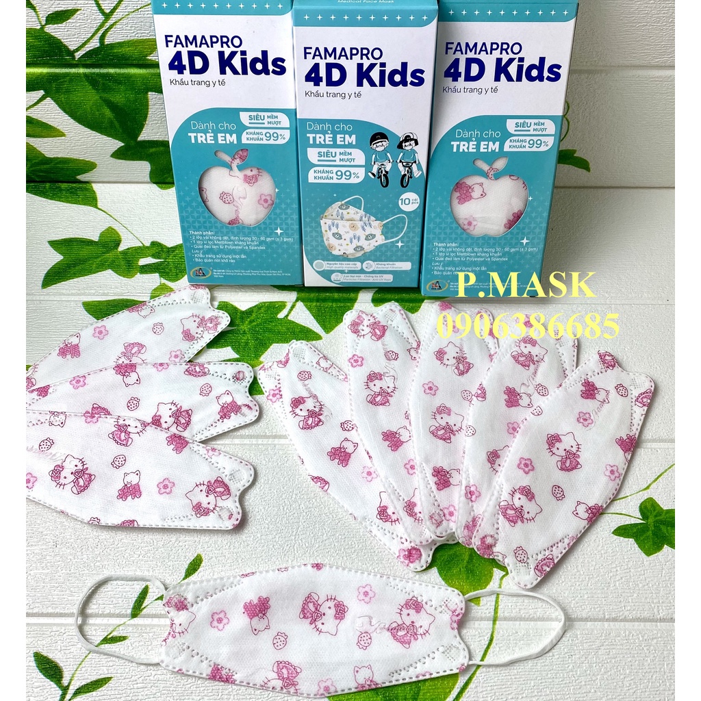 Khẩu trang 4D dành cho bé FAMAPRO IN HÌNH DỄ THƯƠNG 10 cái/ Hộp - Khấu trang Nam Anh 4D Kids 3 lớp kháng khuẩn