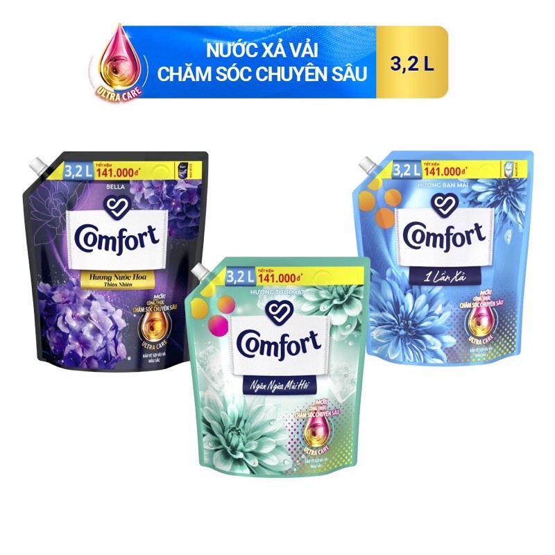 Nước xả làm mềm vải Comfort Chăm sóc Chuyên sâu Một lần xả - Hương nước hoa thiên nhiên túi 3.2L