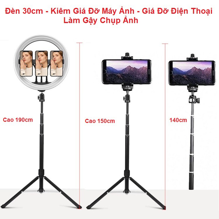 Đèn Livestream 30cm 4in1, Tặng Kẹp Điện Thoại - Chân Rút Cao 190cm - Làm Chân Đỡ Máy Ảnh - Làm Gậy Chụp Ảnh