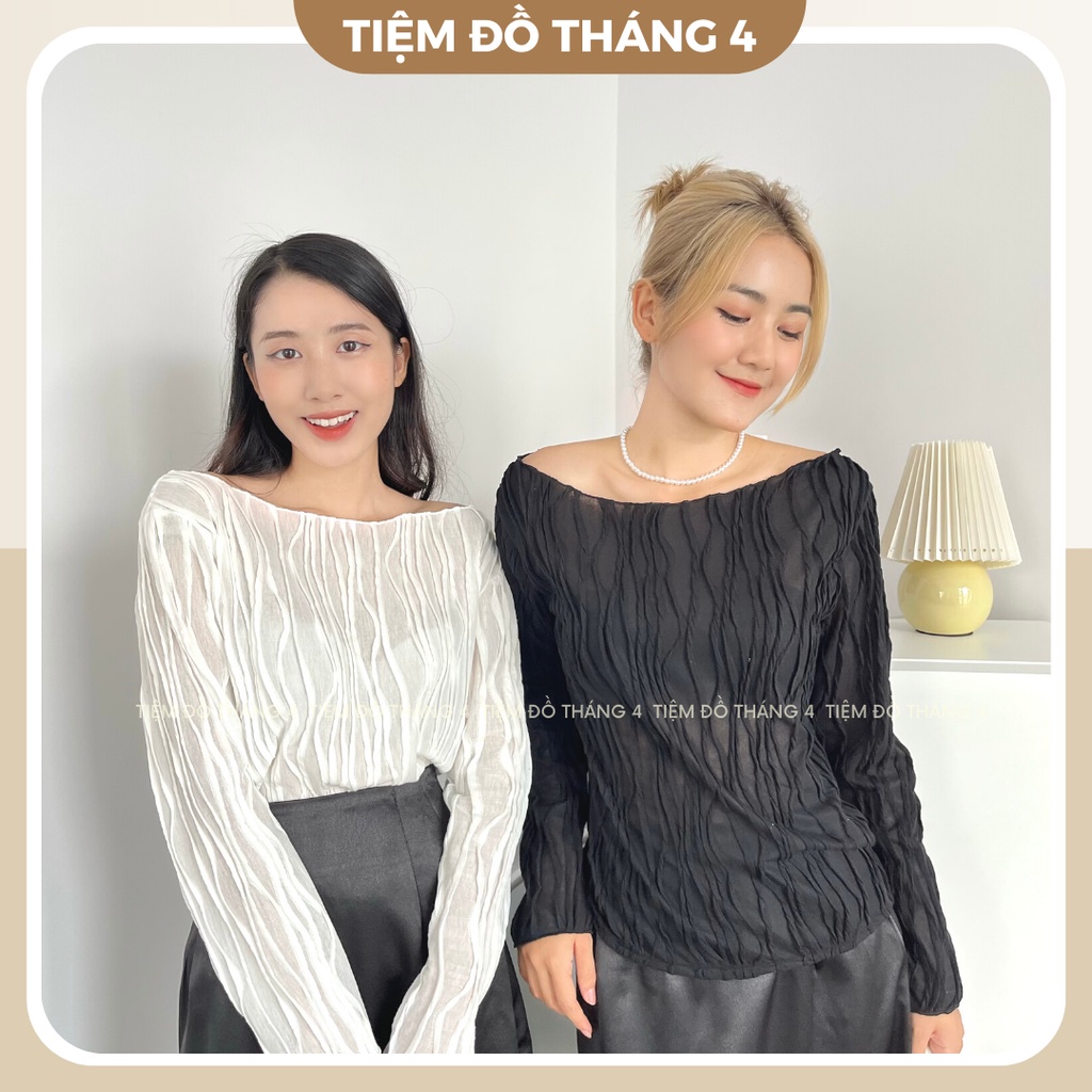 Áo Trễ Vai Nữ Trắng Đen Dập Nổi Phối Váy Dài, Áo Kiểu Nữ Trắng Đen Dập Nổi Phối Váy Dài Sang Chảnh Mới 2022 - MOLISA TOP