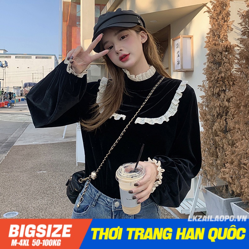 BIGSIZE Nữ Áo sơ mi kiểu form rộng đẹp cá tính nhung tay dài from rộng phối ren kiểu Pháp thanh lịch - cho người mập béo 45-100kg - quảng châu cao cấp
