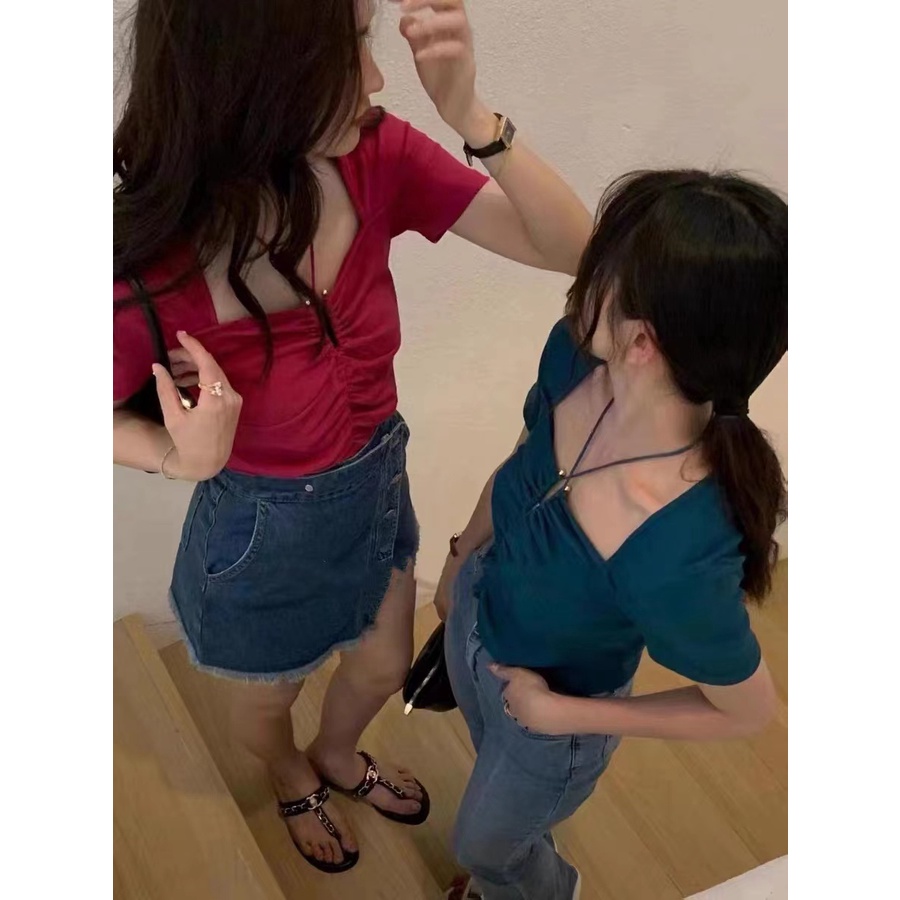 Áo thun BH tay ngắn cổ vuông phối dây quyến rũ thời trang mùa hè cho nữ