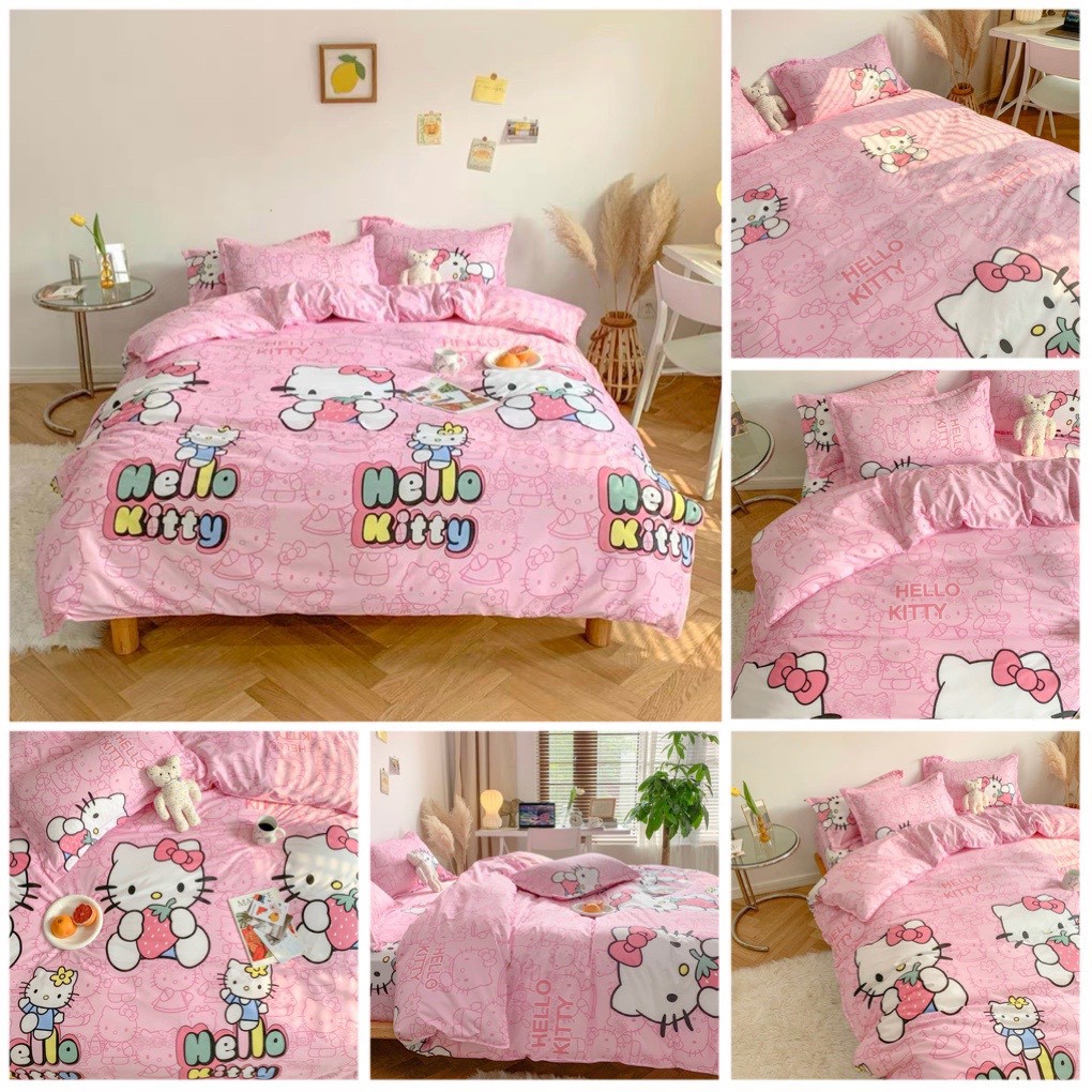 Bộ chăn ga gối Cotton Poly phong cách Hàn Quốc - Hello Kitty ( Không kèm ruột )