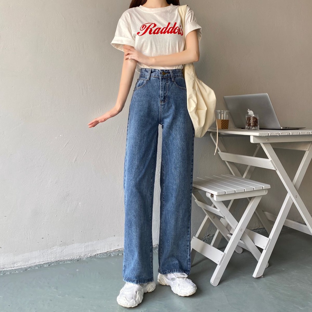 Quần jean ống rộng lưng cao phong cách xuân thu trẻ trung cho nữ