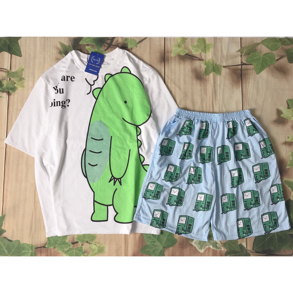 Set Đồ Bộ Khủng Long Xanh Đáng Yêu cartoon 3D Cute -Lapi VN Quần Đùi Vải Thun Cotton, Freesize,Tay Lỡ