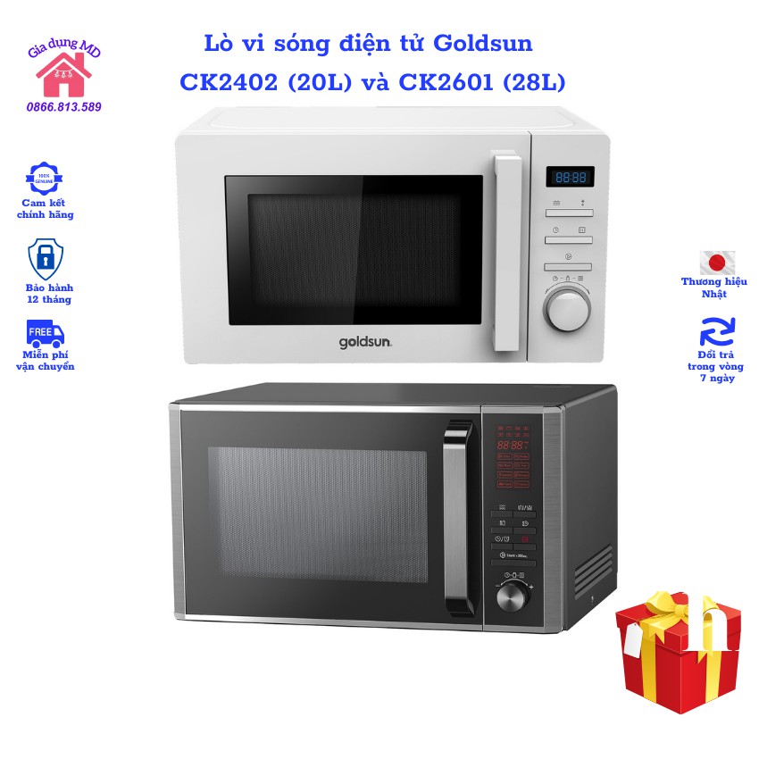 Lò vi sóng điện tử Goldsun CK2402 (20L) và CK2601 (28L), công suất lớn, vận hành êm ái, bảo hành 12 tháng