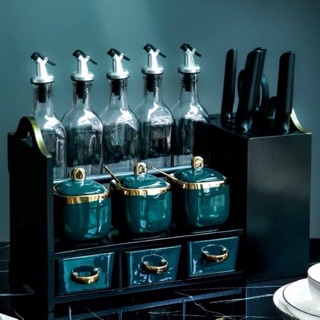 Bộ 12 món đựng gia vị,dầu ăn, nước mắm,.....kèm giá đựng dao cao cấp