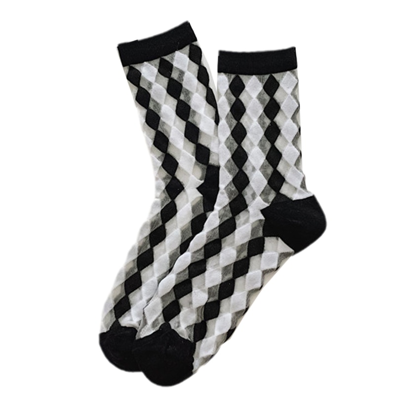 Xiangbao Vớ Lưỡi Trai Sợi Pha Lê Ghép Nối Màu Khối Kim Cương Sọc Caro