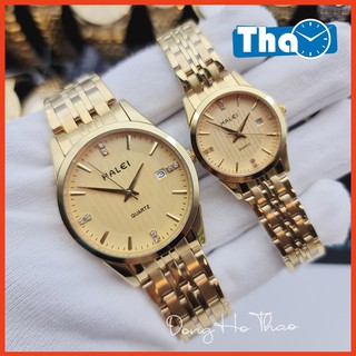 Đồng Hồ Cặp Đôi Nam Nữ Halei 562 Dây Vàng Mặt Vàng Có Lịch Chống Nước