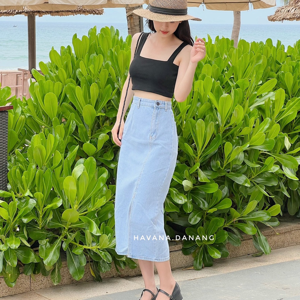 Chân váy jeans dáng dài cạp cao, chân váy dài xẻ tà form xòe chữ A AE170