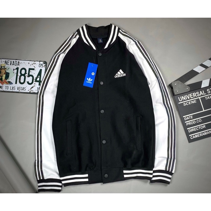 Áo khoác Bomber ADIDAS Nam Nữ Chất Thun Umi Dày Mịn Không Xù Lông Cao Cấp Phối Tay Trắng 3 Sọc Phản Quang , áo Bóng Chày