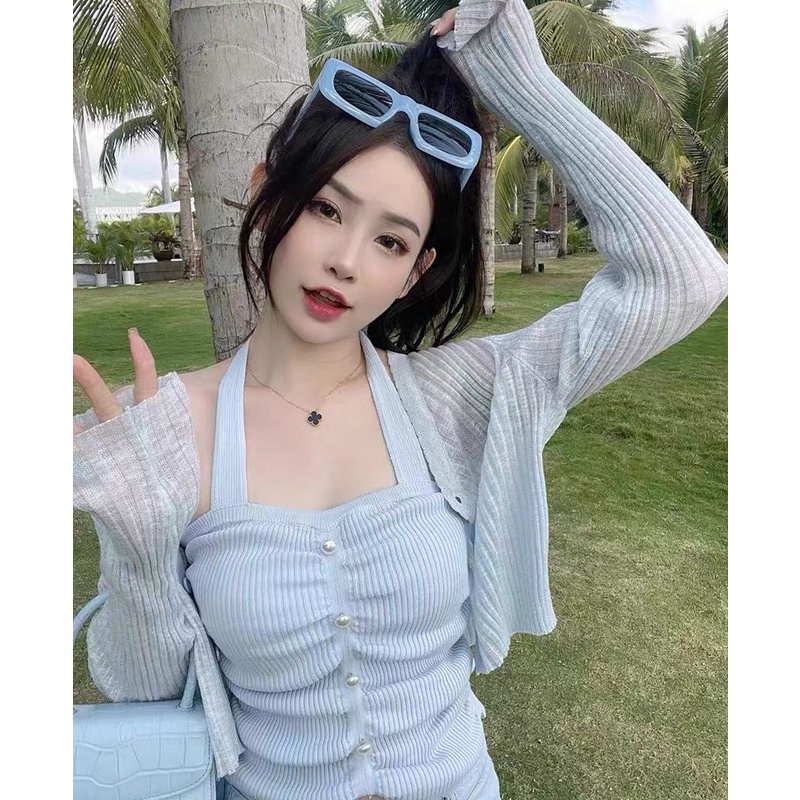 Áo Yếm Hở Lưng Nữ Tính 2 Dây Cotton Len Tăm Ôm Dáng Body Gợi Cảm 0168