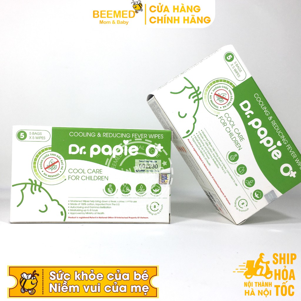 Khăn hạ sốt Dr Papie- lau giảm nhiệt, chườm hết ngứa, rôm sảy từ tía tô, bạc hà, lô hội cho trẻ sơ sinh