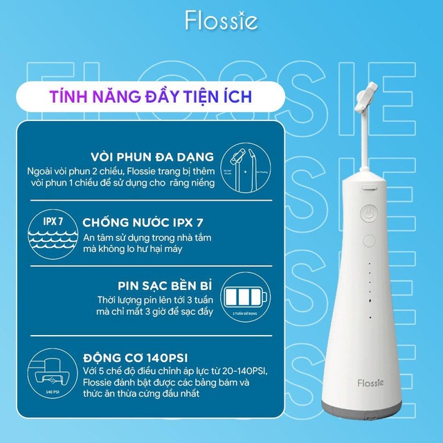 Máy tăm nước hai chiều Flossie Đức chính hãng, đầu phun xoay 360 độ - Gemizy Shop