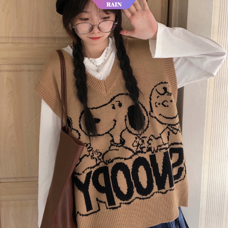 Áo Sweater Sát Nách Cổ Chữ V Dáng Rộng In Hình Nhân Vật Hoạt Hình Snoopy Đáng Yêu Cho Nữ
