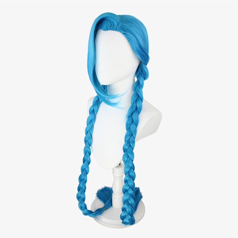 League Of Legends LOL Jinx Cosplay Wig Long Braided Blue The Loose Cannon Wig with Blue Braid Heat Resistant Synthetic Hair Wigs + Wig Cap