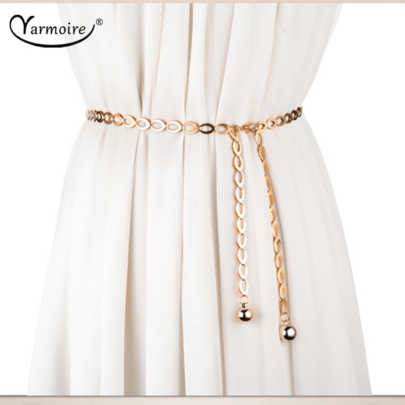 Dây Thắt Lưng Mỏng Bằng Kim Loại Màu Vàng Bạc Có Thể Điều Chỉnh Phối Đầm Thời Trang Cho Nữ