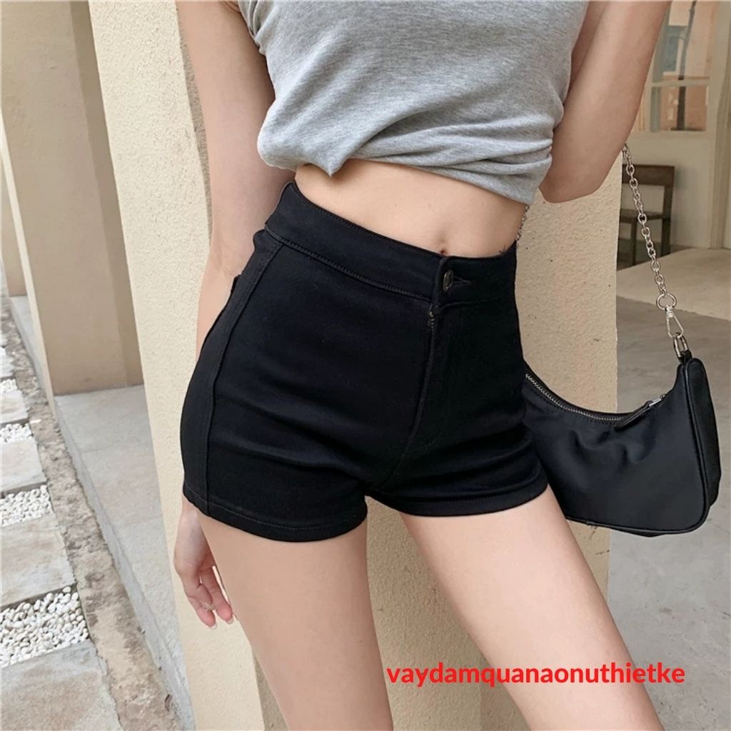 Quần Short Nữ Jean Giấy Cạp Cao Khóa Trước Layer.shop Co Giãn Tốt