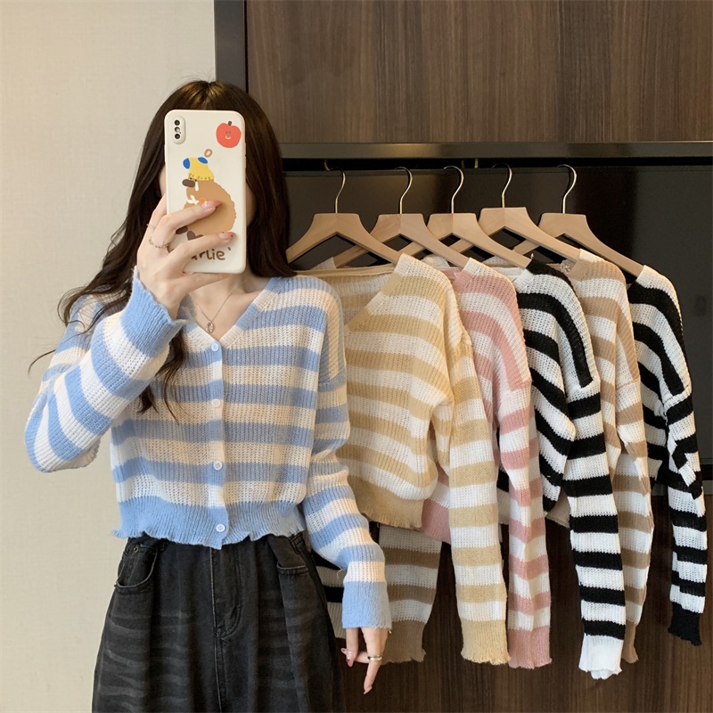 SUXI Áo Khoác Cardigan Dệt Kim Mỏng Dáng Rộng Họa Tiết Kẻ Sọc Thời Trang Cho Nữ