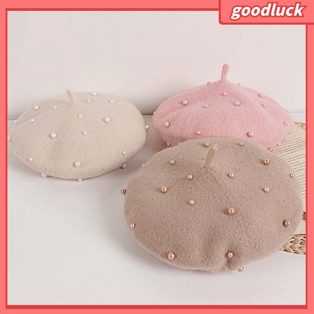 Mũ Beret Vải Lông Cừu Đính Ngọc Trai Màu Trơn Cổ Điển Giữ Ấm Thời Trang Cho Bé Gái