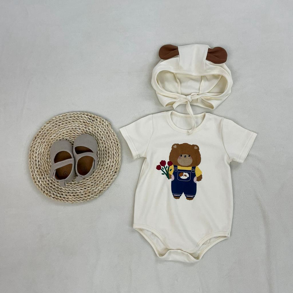 Bộ Áo Liền Quần Tay Ngắn In Hình Gấu Hoạt Hình Dễ Thương Thoải Mái Thời Trang Mùa Hè Cho Bé Trai Và Gái