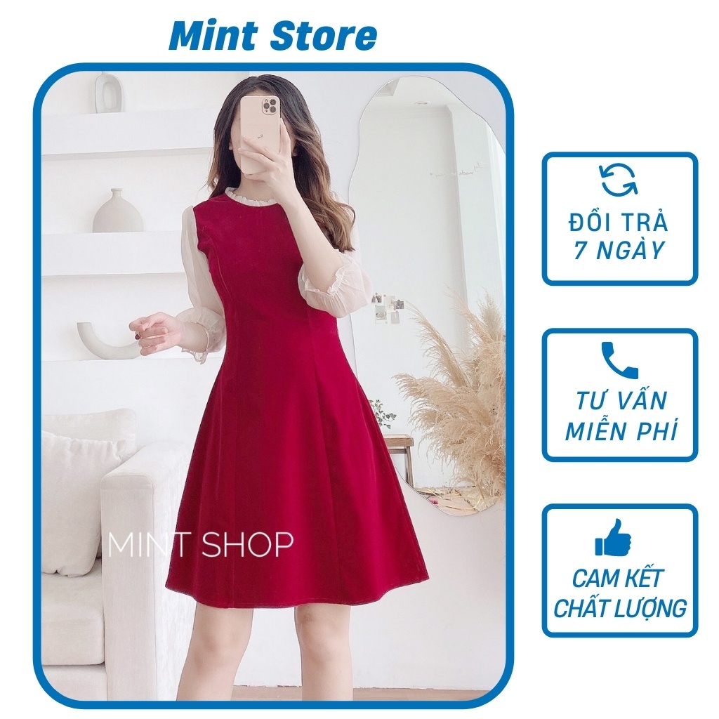 [ẢNH THÂT] Váy đầm nữ dự tiệc dáng chữ A tay voan cổ bèo phối đỏ-trăng, đen-trắng thích hợp mặc đi chơi đi tiệc