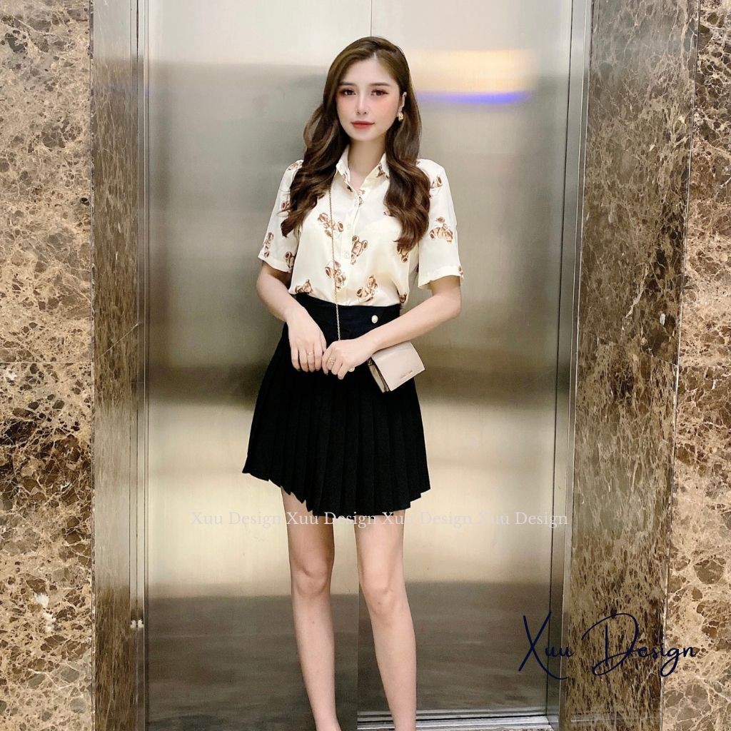 Áo sơ mi nữ cộc tay Xuu Design, Áo sơ mi kiểu họa tiết trẻ trung chất vải lụa Hàn mềm mát SK04