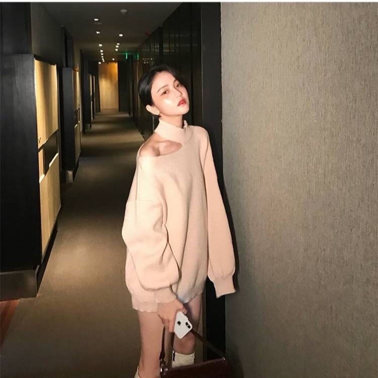 Áo Sweater Dệt Kim Tay Dài Dáng Rộng Cổ Treo Hở Vai Thời Trang Thu Đông Cho Nữ 2021