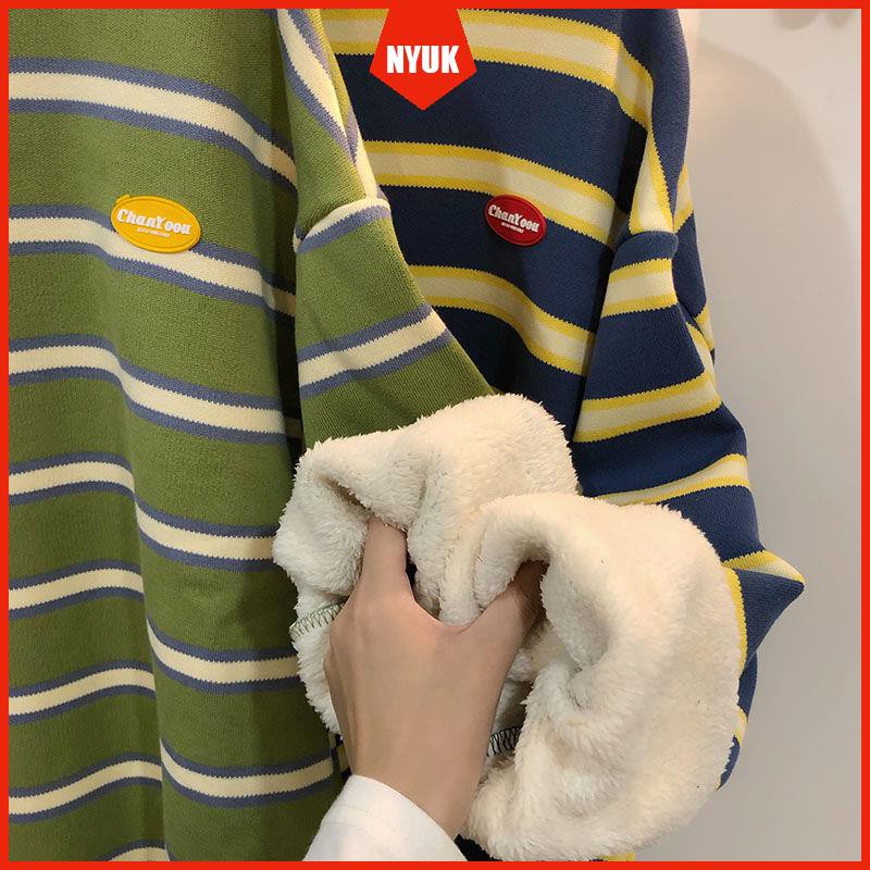 Áo Sweater Nữ Dáng Rộng Vải Lông Cừu Phối Nhung Xinh Xắn Thoải Mái Phong Cách Hàn Quốc