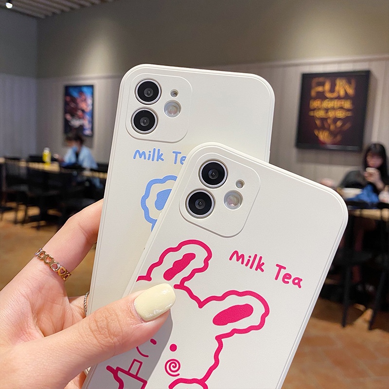 Ốp lưng iphone cạnh vuông Gấu thỏ milk tea dành cho ip 6 đến 14promax - e227