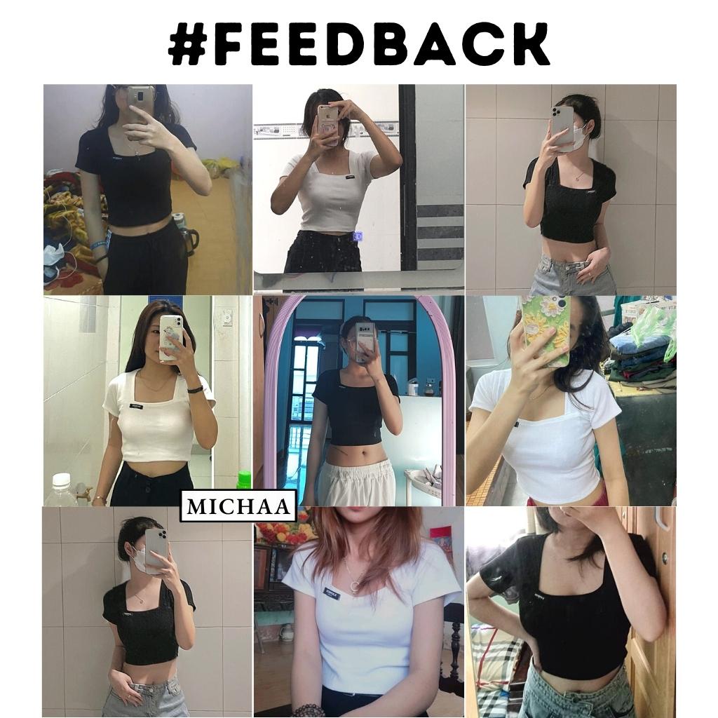 Áo Croptop Ngắn Tay GẮN LOGO Cổ Vuông Nữ Chất Thun Gân Kiểu Ôm Body Sexy Ulzzang - MICHAA
