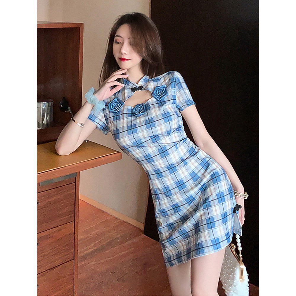 Sườn xám Caro xanh blue | 11 HIN