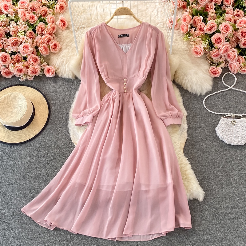 Đầm voan cổ V tay phồng phong cách Hepburn vintage Pháp cho nữ