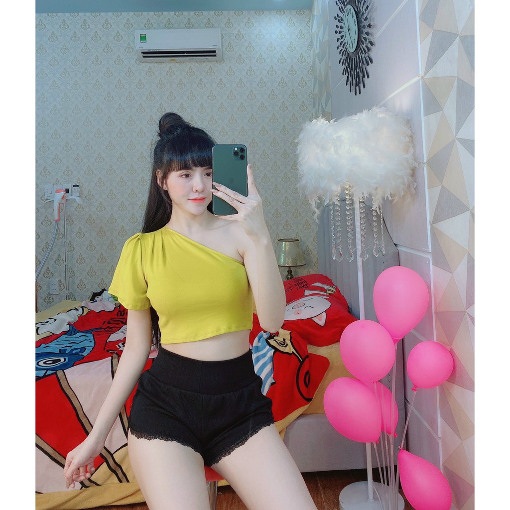 áo croptop kiểu lệch vai tay ngắn sexy, xinh đủ màu ảnh thật, chất bozip mềm