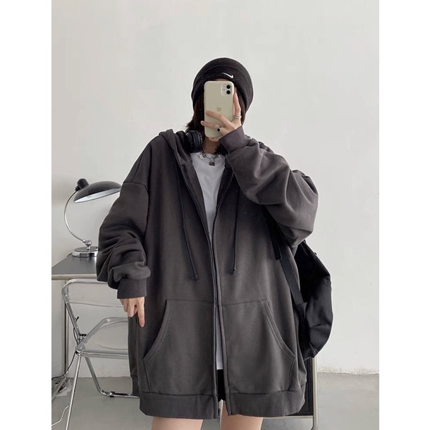 Áo khoác hoodie zip, áo khoác nỉ dạ xám lót bông dày dặn form unisex nam nữ Snupi