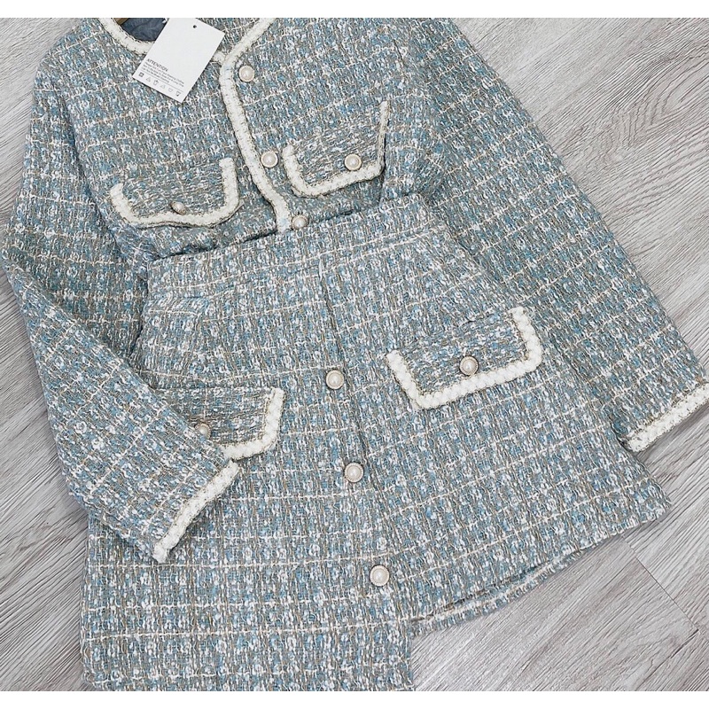 Set Dạ Xanh Tweed Thiết Kế Sang Chảnh Hàng Quảng Châu Cao Cấp | BigBuy360 - bigbuy360.vn