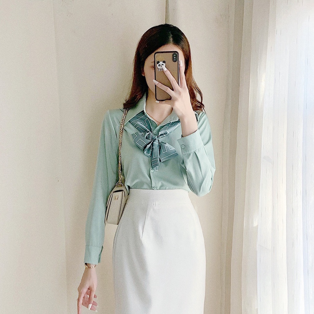 Áo sơ mi nữ lụa mềm mát cổ đức khăn lụa HILA (Mã SP: A935)