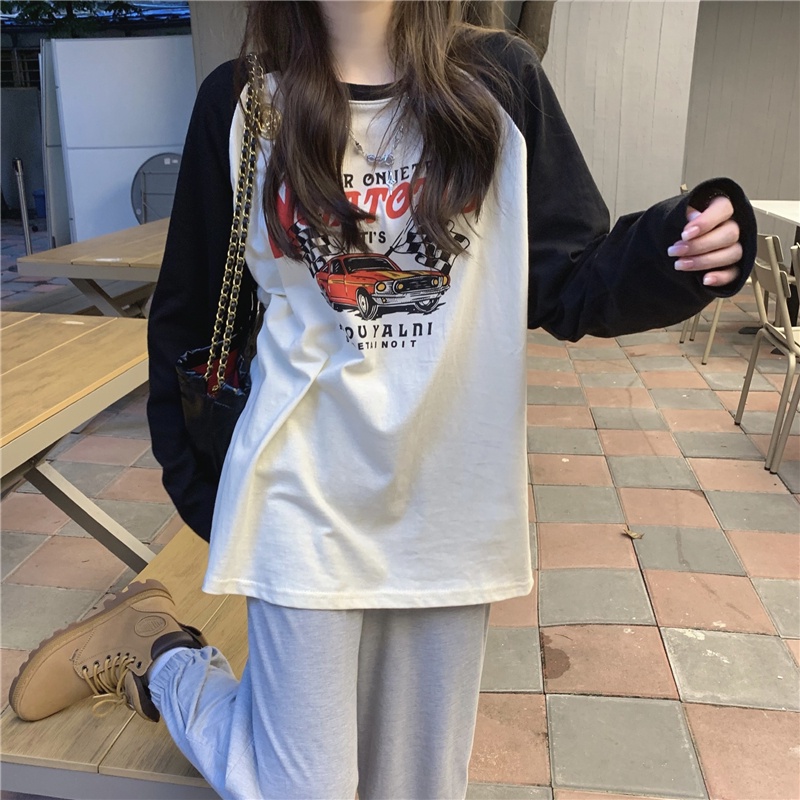 Áo Thun Raglan Cổ Tròn Dài Tay Dáng Rộng In Màu Sắc Tương Phản Phong Cách Retro Mùa Thu 55774