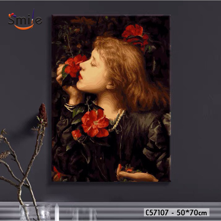 Tranh tô màu theo số Smile Dame Ellen Terry cô gái và hoa đỏ C57107