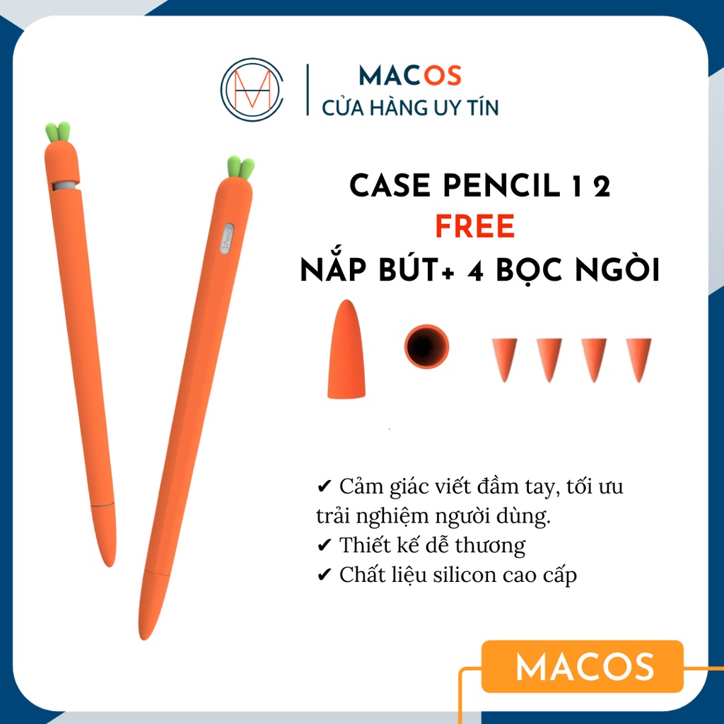 Ốp case cho Apple Pencil 2 , 1 bao silicon kiểu củ cà rốt tặng kèm nắp bút và 4 chiếc bọc ngòi (AP10)