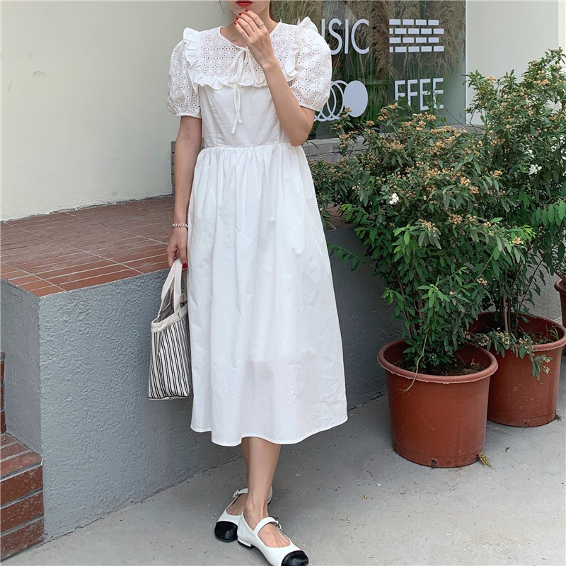 Đầm Tay Ngắn Thêu Họa Tiết Thanh Lịch Phong Cách Hàn Quốc 43181