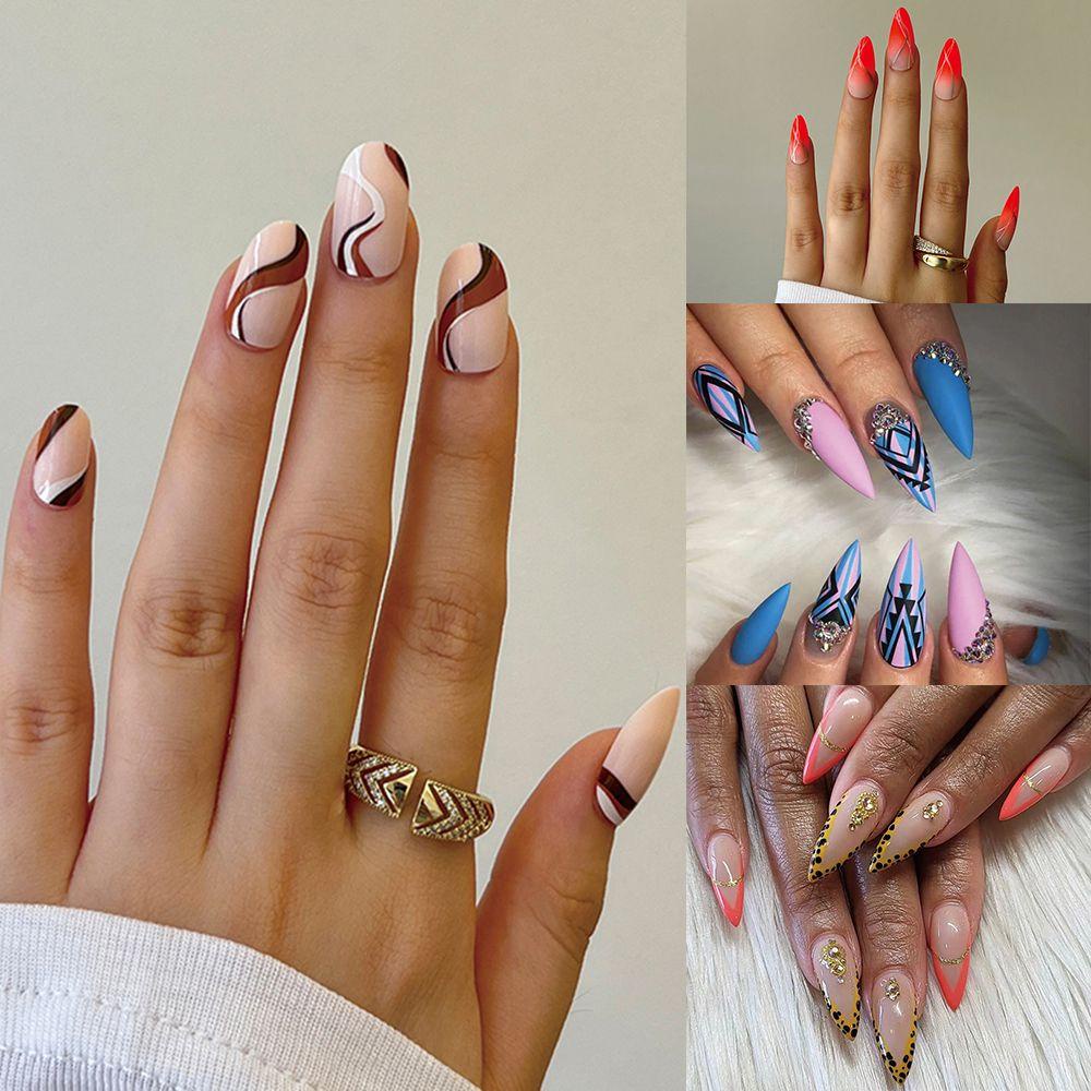 XIANTIN Set 24 Móng Tay Giả Có Thể Tháo Rời Màu Xanh Dương Họa Tiết Trái Tim